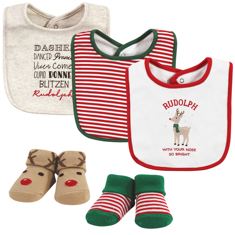 Hudson Baby Cotton Bib and Sock Set, Rudolph