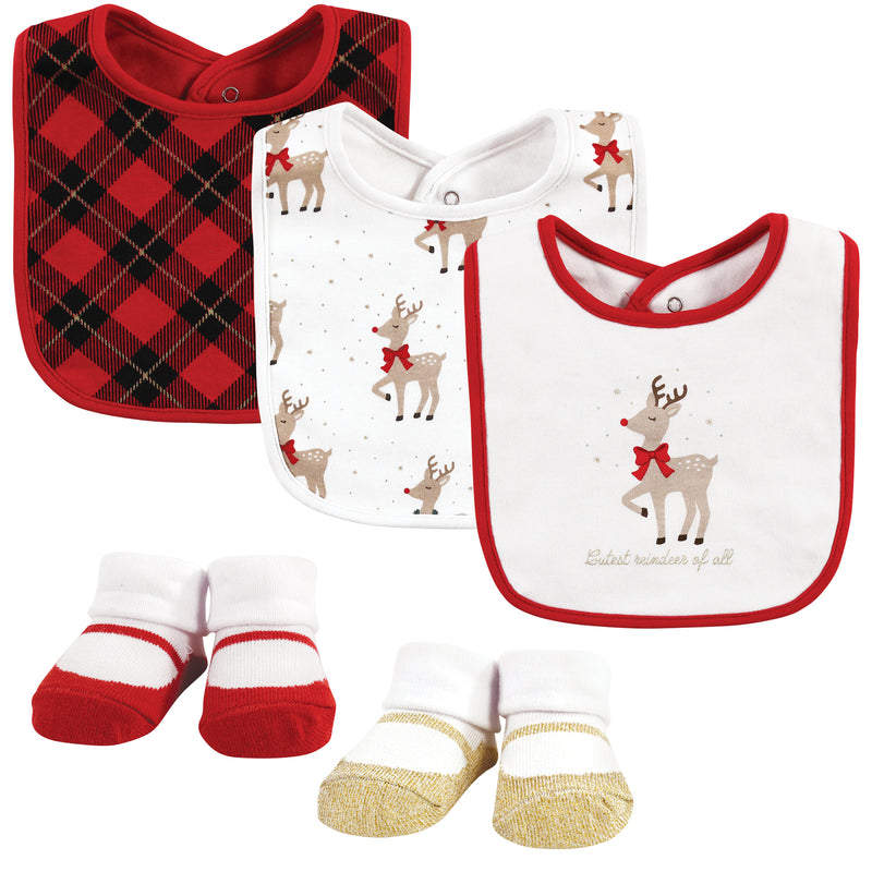 Hudson Baby Cotton Bib and Sock Set, Fancy Rudolph