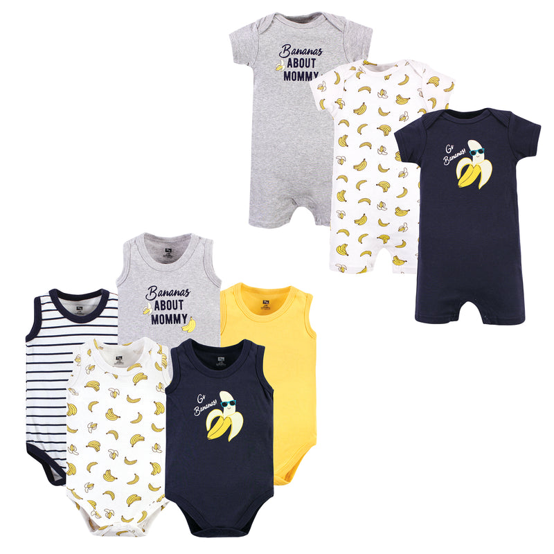 Hudson Baby Cotton Bodysuits and Rompers, 8-Piece, Go Bananas