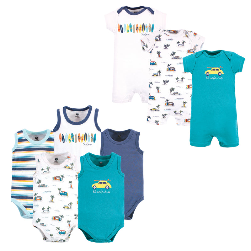 Hudson Baby Cotton Bodysuits and Rompers, 8-Piece, Surfer Dude