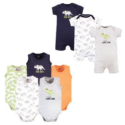 Hudson Baby Cotton Bodysuits and Rompers, 8-Piece, Cool Dinosaurs