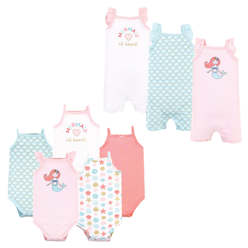 Hudson Baby Cotton Bodysuits and Rompers, 8-Piece, Coral Mint Mermaid