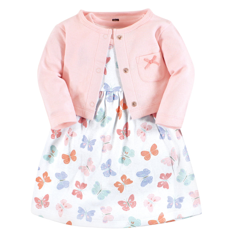 Hudson Baby Cotton Dress and Cardigan Set, Pastel Butterfly