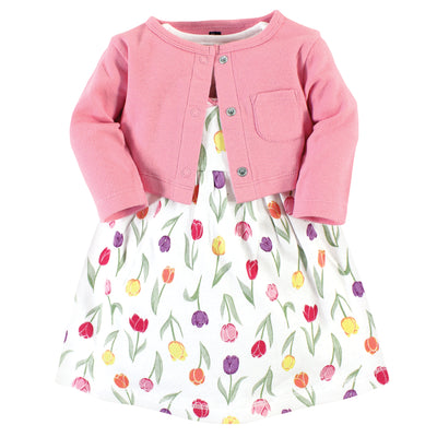 Hudson Baby Cotton Dress and Cardigan Set, Spring Tulips