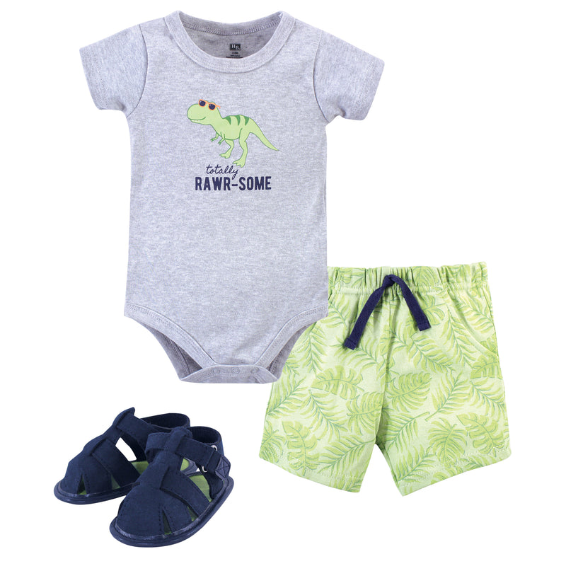 Hudson Baby Cotton Bodysuit, Shorts and Shoe Set, Rawr-Some Dino