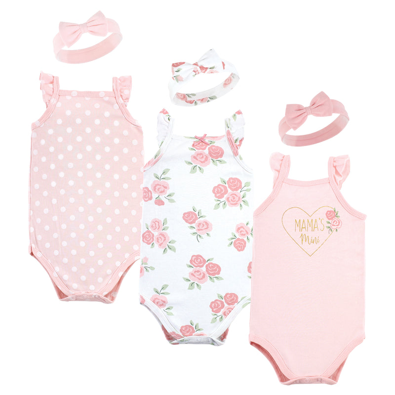 Hudson Baby Sleeveless Bodysuit and Headband Set, Soft Pink Roses