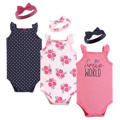 Hudson Baby Sleeveless Bodysuit and Headband Set, Pink Navy Roses