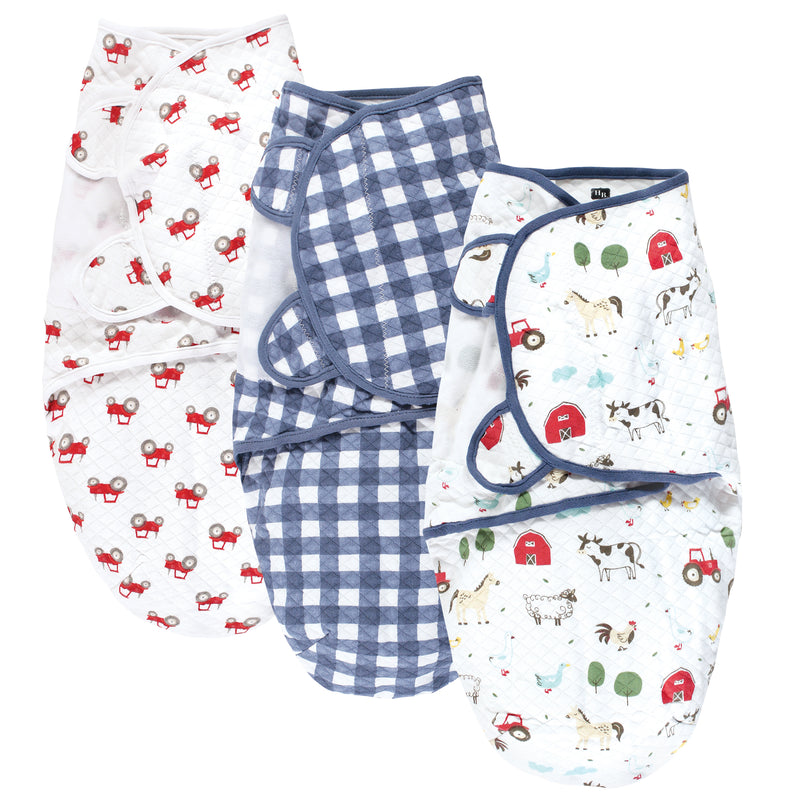 Hudson Baby Quilted Cotton Swaddle Wrap 3pk, Boy Farm Animals