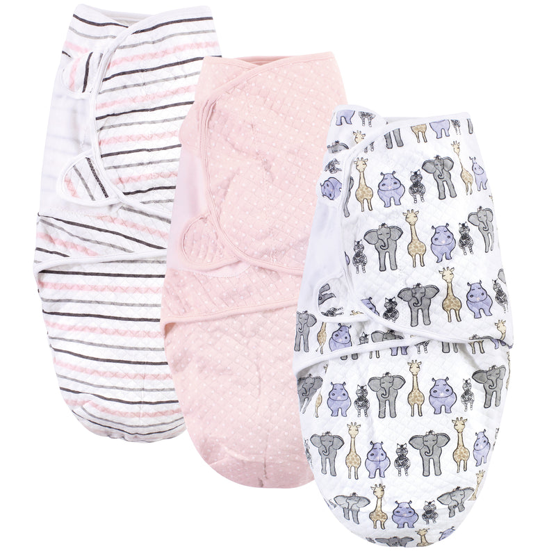 Hudson Baby Quilted Cotton Swaddle Wrap 3pk, Pink Safari
