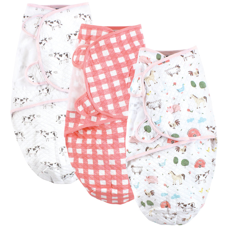Hudson Baby Quilted Cotton Swaddle Wrap 3pk, Girl Farm Animals