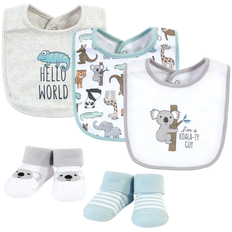 Hudson Baby Cotton Bib and Sock Set, Zoo Animals