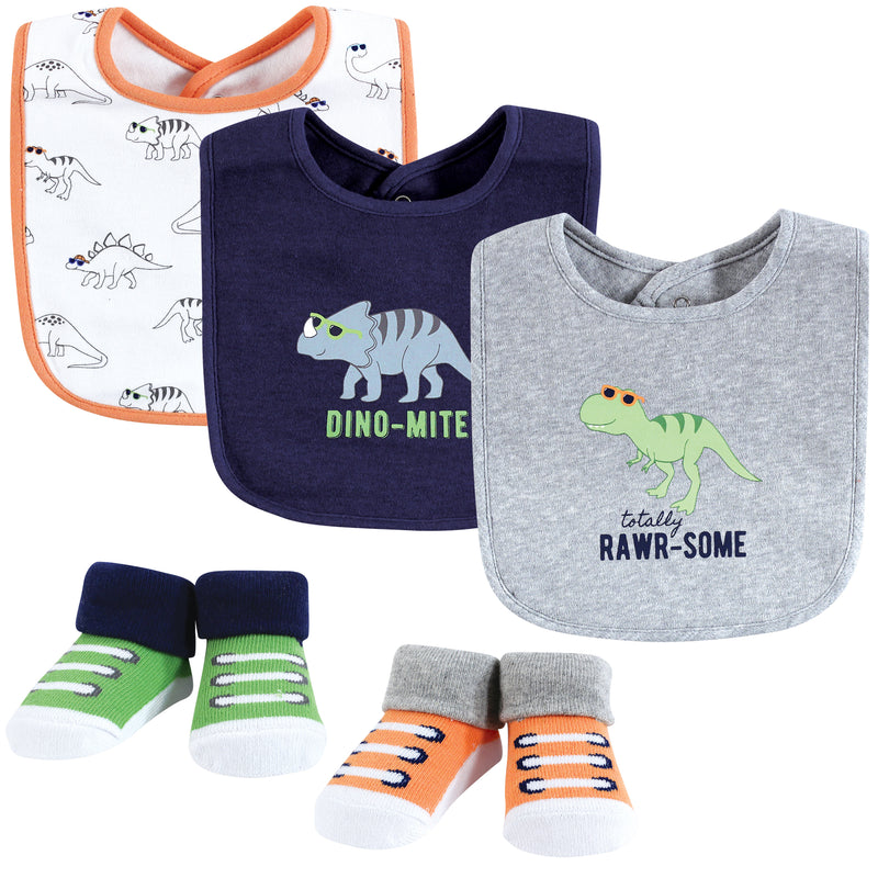 Hudson Baby Cotton Bib and Sock Set, Cool Dinosaurs