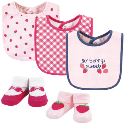 Hudson Baby Cotton Bib and Sock Set, Pink Strawberry