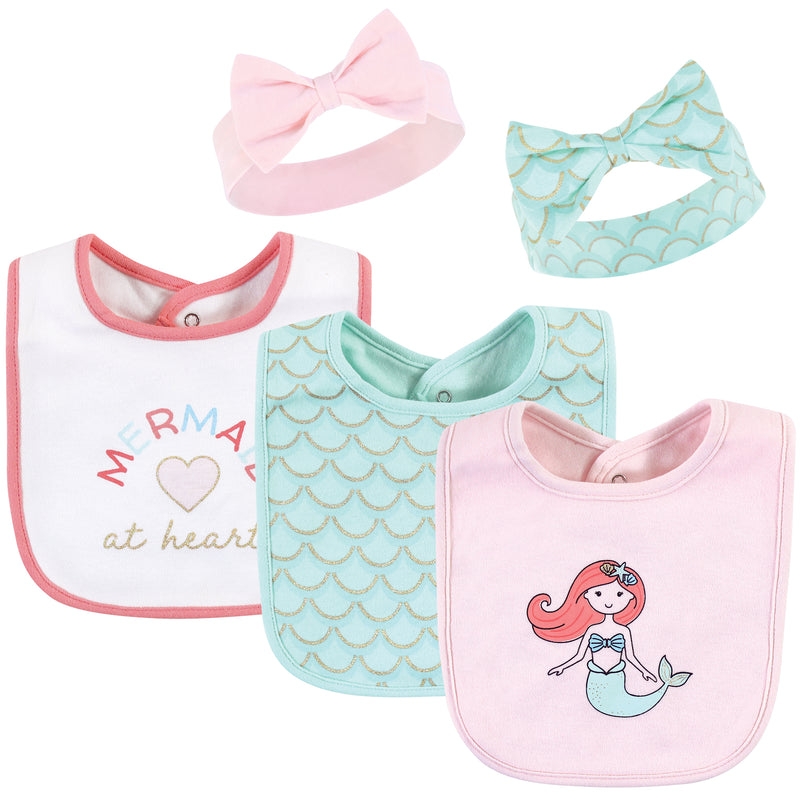 Hudson Baby Cotton Bib and Headband or Caps Set, Coral Mint Mermaid