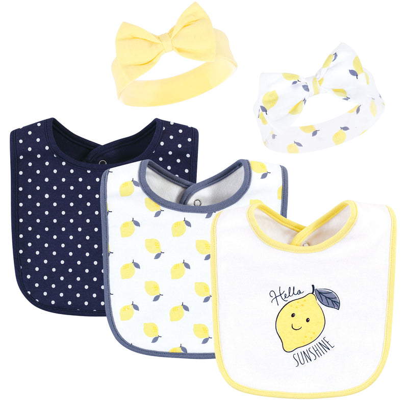 Hudson Baby Cotton Bib and Headband or Caps Set, Navy Lemon