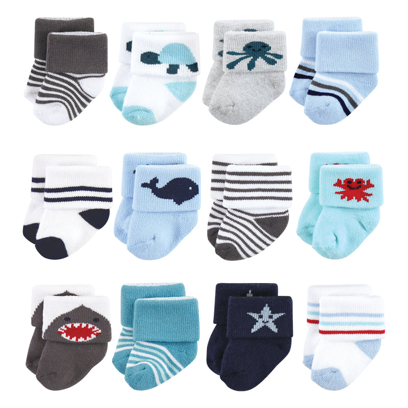 Hudson Baby Cotton Rich Newborn and Terry Socks, Sea Creatures 12-Pack