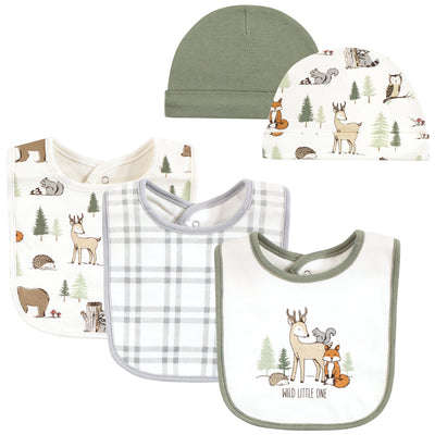 Hudson Baby Cotton Bib and Caps Set, Forest Animals