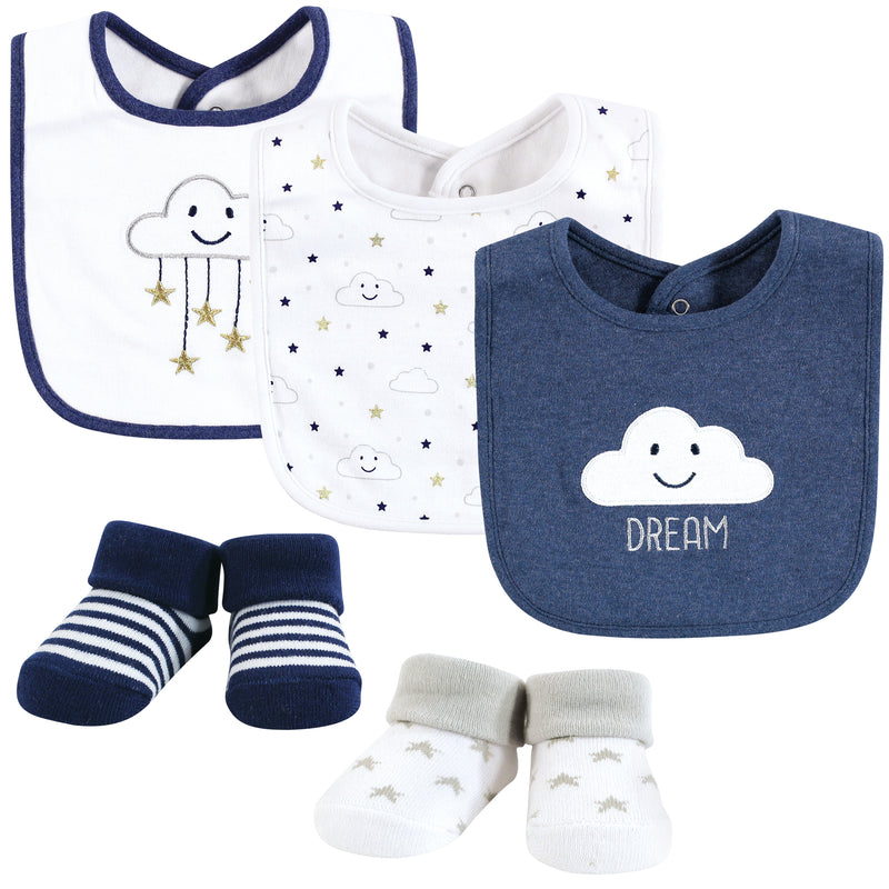 Hudson Baby Cotton Bib and Sock Set, Navy Cloud