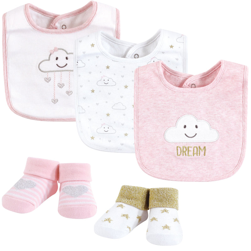 Hudson Baby Cotton Bib and Sock Set, Pink Cloud