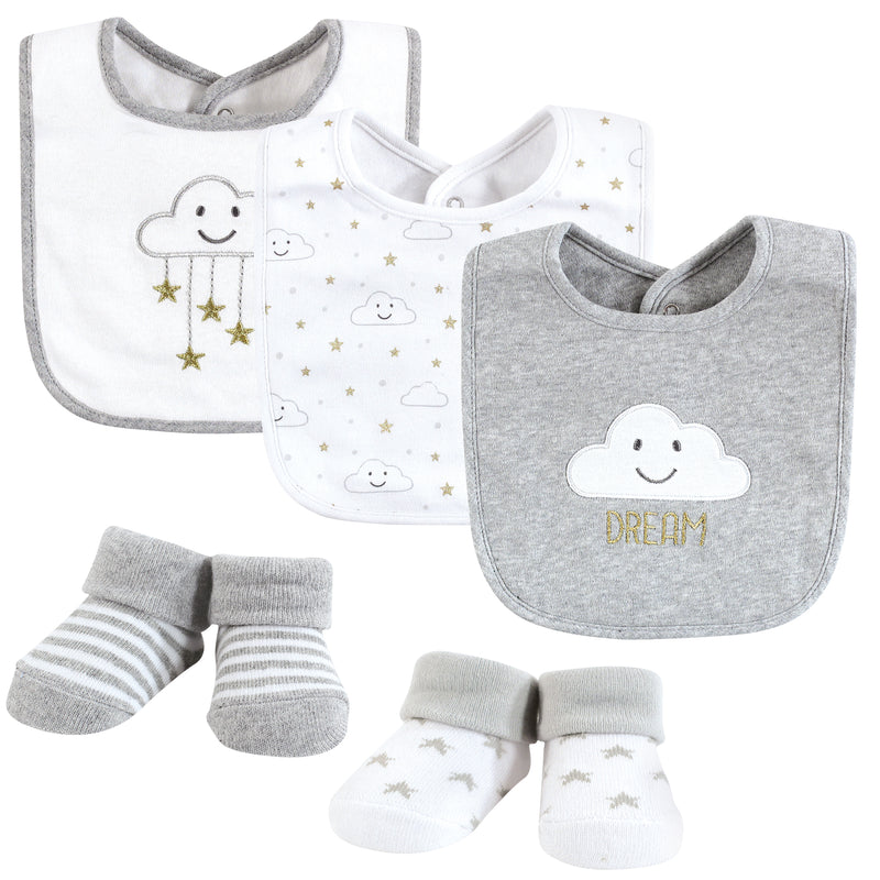 Hudson Baby Cotton Bib and Sock Set, Gray Cloud