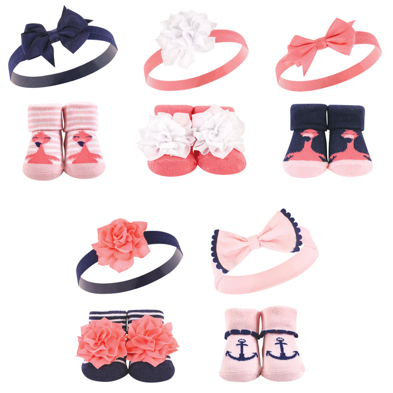 Hudson Baby Headband and Socks Giftset, Flamingo 10-Pack