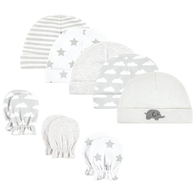 Hudson Baby Cotton Cap and Scratch Mitten Set, Neutral Elephant