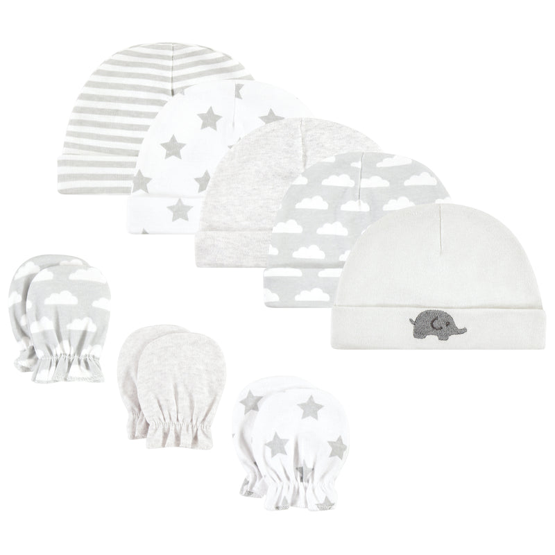 Hudson Baby Cotton Cap and Scratch Mitten Set, Neutral Elephant