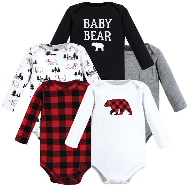 Hudson Baby Cotton Long-Sleeve Bodysuits, Buffalo Plaid Bear 5-Pack