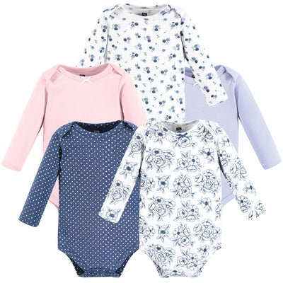 Hudson Baby Cotton Long-Sleeve Bodysuits, Blue Toile 5-Pack
