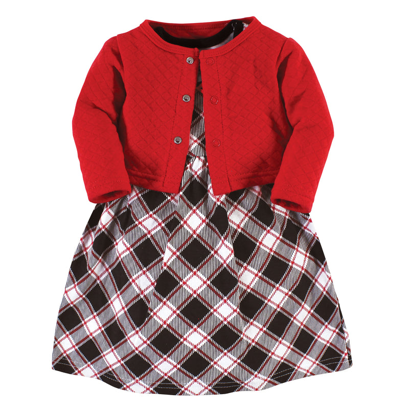 Hudson Baby Quilted Cardigan and Dress, Black Red Plaid