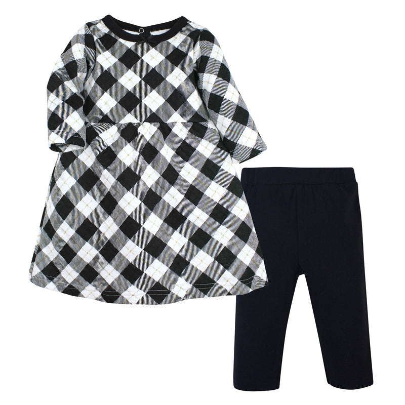 Hudson Baby Quilted Cotton Dress and Leggings, Black Gold Plaid