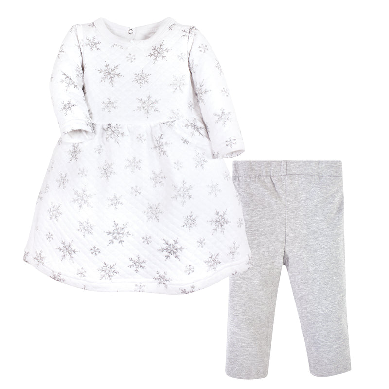 Hudson Baby Quilted Cotton Dress and Leggings, Silver Snowflakes