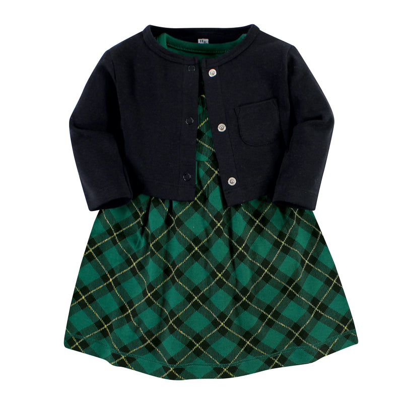 Hudson Baby Cotton Dress and Cardigan Set, Forest Green Plaid