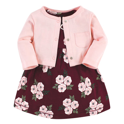 Hudson Baby Cotton Dress and Cardigan Set, Burgundy Floral