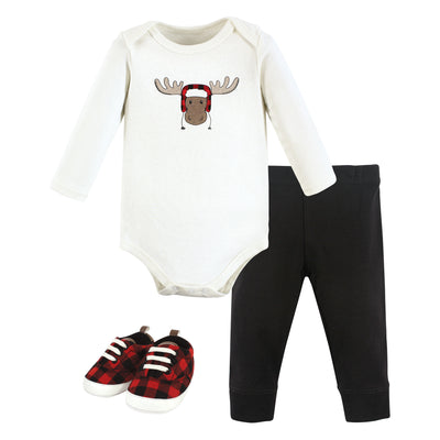 Hudson Baby Cotton Bodysuit, Pant and Shoe Set, Winter Moose