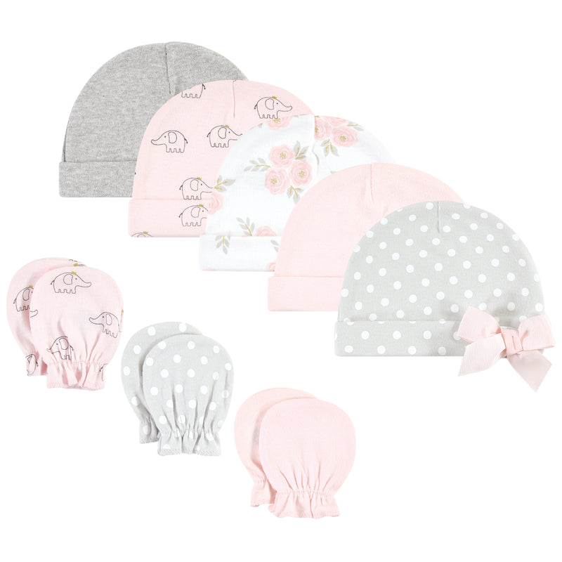 Hudson Baby Cotton Cap and Scratch Mitten Set, Pink Gray Elephant
