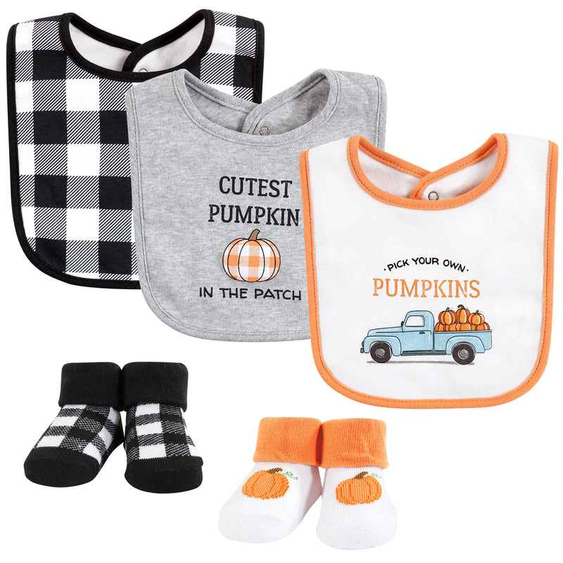 Hudson Baby Cotton Bib and Sock Set, Pumpkin Truck