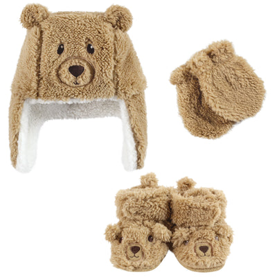 Hudson Baby Trapper Hat, Mitten and Bootie Set, Tan Bear