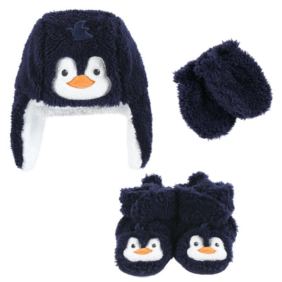Hudson Baby Trapper Hat, Mitten and Bootie Set, Navy Penguin