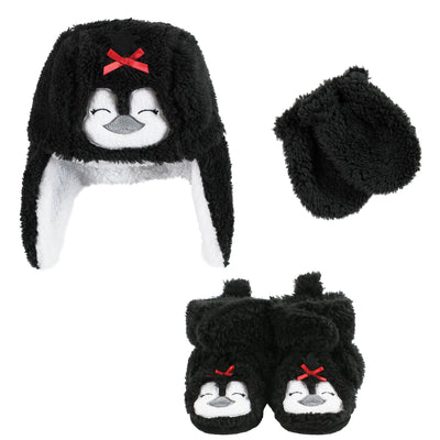 Hudson Baby Trapper Hat, Mitten and Bootie Set, Girl Penguin