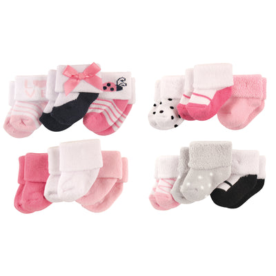 Luvable Friends Cotton Terry Socks, 12-Piece, Ladybug Pink Black