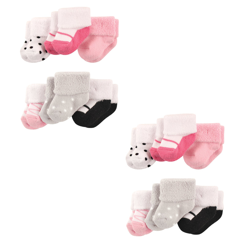 Luvable Friends Newborn and Baby Socks Set, Pink Black Shoes 12-Piece