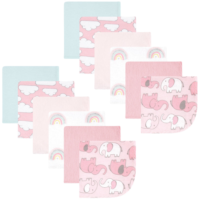 Hudson Baby Flannel Cotton Washcloths, Girl New Elephant 12-Pack