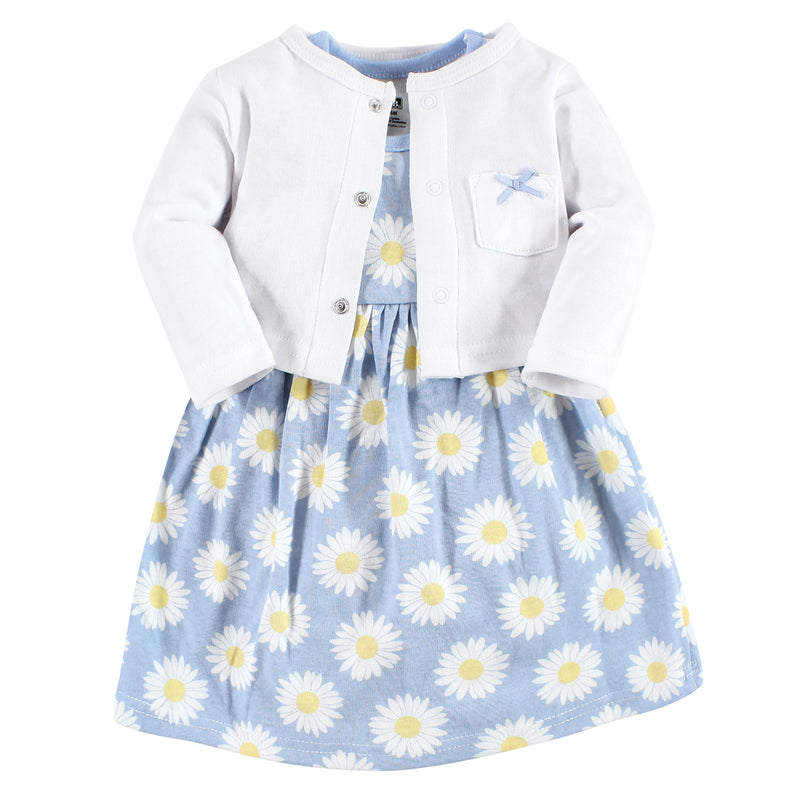 Hudson Baby Cotton Dress and Cardigan Set, Blue Daisy