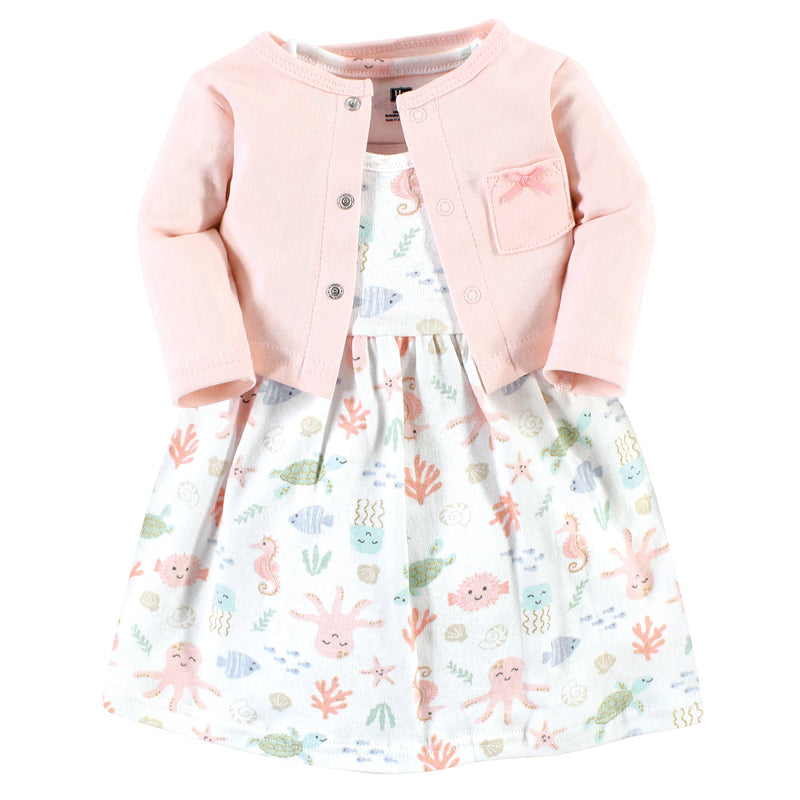 Hudson Baby Cotton Dress and Cardigan Set, Pastel Sea