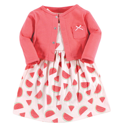 Hudson Baby Cotton Dress and Cardigan Set, Coral Watermelon