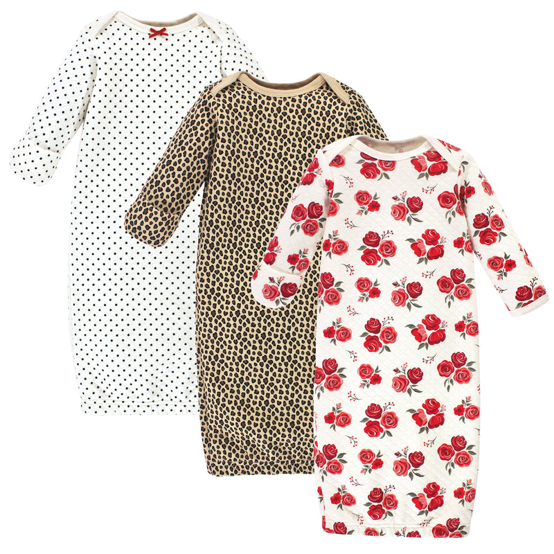 Hudson Baby Quilted Cotton Gowns 3pk, Rose Leopard