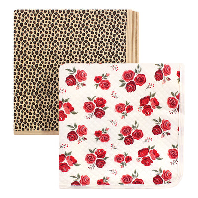 Hudson Baby Quilted Multi-Purpose Swaddle, Receiving, Stroller Blanket, Rose Leopard 2-Pack