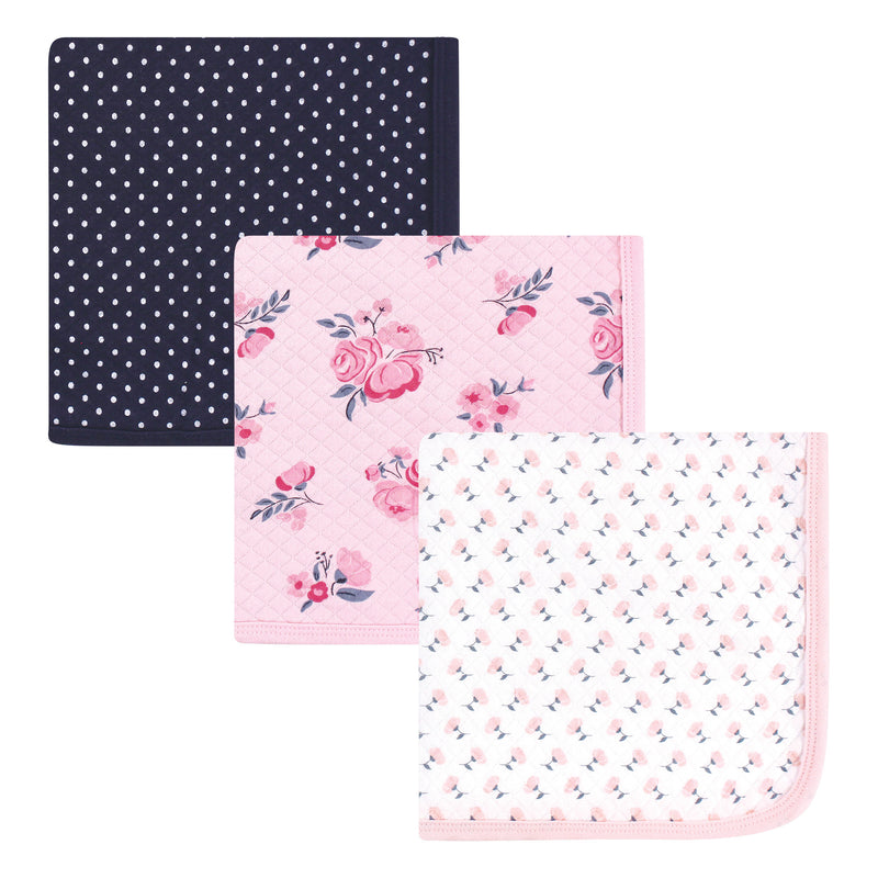 Hudson Baby Quilted Multi-Purpose Swaddle, Receiving, Stroller Blanket, Pink Navy Floral 3-Pack
