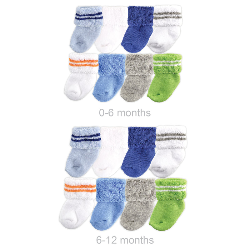Luvable Friends Grow with Me Cotton Terry Socks, Blue Stripe 16-Pack